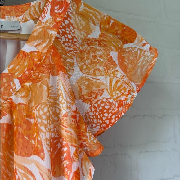 Loft seashell blouse Orange tropical lined v neck Top flutter sleeve XXS petite - Picture 3 of 6